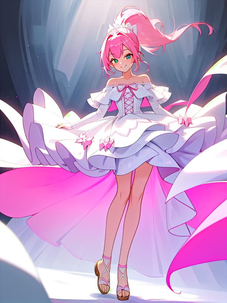  Beautiful , whole body image, woman, pink hair, ponytail, ribbon, wedding dress, A line, off shoulder, smiles, heel shoes, white dresses, toes, front, slender, slender, masterpiece, best quality,8k,ultra detailed,high resolution,an extremely delicate and beautiful,hyper detail