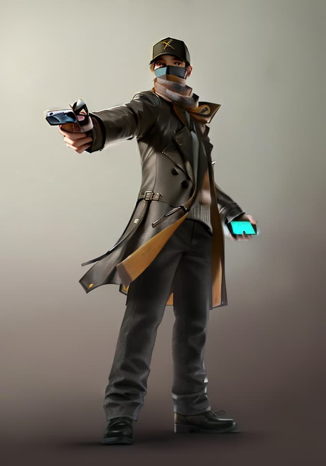  masterpiece, best quality, Best quality, female, genderswap, trench coat, scarf, baseball cap, night, city, chasing somebody, Adrien Pearce, Watch Dogs, holding smartphone, dynamic pose.