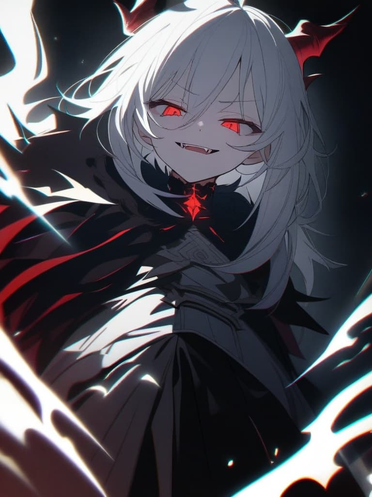  Young ,young ,cute,beautiful ,bad face,horrible smile,silver hair,red eyes,looking down,looking down,aori composition,fangs,big horns,black dress,madnessYoung ,young ,cute,beautiful ,bad face,horrible smile,silver hair,red eyes,looking down,looking down,aori composition,fangs,big horns,black dress,madness、ultra detailed,best shadow,cute and beautiful face,(masterpiece:1.2),(best quality:1.2),detailed background,high contrast,(best illumination,an extremely delicate and beautiful),((cinematic light)),hyper detail,dramatic light,intricate details,8k,anime,very aesthetic、The villain is laughing with his fangs,night,dark,Fire Effect,Demon King,Devil,Last Boss、Scary,darkness,no highlights in the eyes,looks strong, m