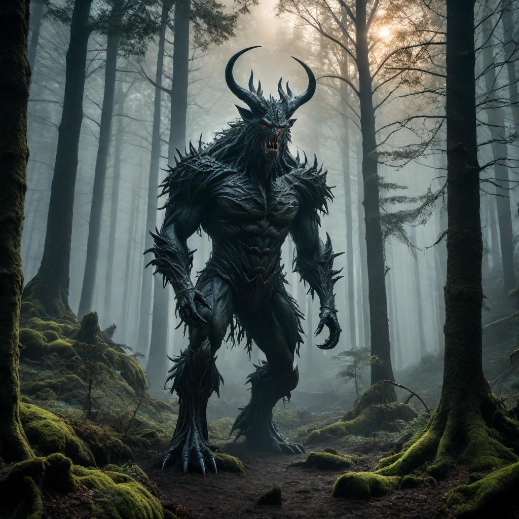  A vivid scene depicting 'My monsters are real'. Imagine dark and eerie surroundings with various types of realistic and terrifying monsters emerging from shadows. The background is a haunting forest with twisted trees. The atmosphere is filled with a sense of fear and mystery. hyperrealistic, full body, detailed clothing, highly detailed, cinematic lighting, stunningly beautiful, intricate, sharp focus, f/1. 8, 85mm, (centered image composition), (professionally color graded), ((bright soft diffused light)), volumetric fog, trending on instagram, trending on tumblr, HDR 4K, 8K