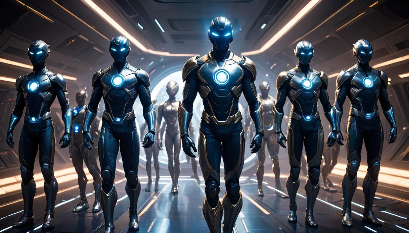  A group of arian humanoids, performing various tasks, feeling of dedication, background featuring cosmic energy and celestial elements, high tech clothing clad in sleek, futuristic costume with metallic accents and form fitting designs, marvel superhero comics style, unreal engine rendering