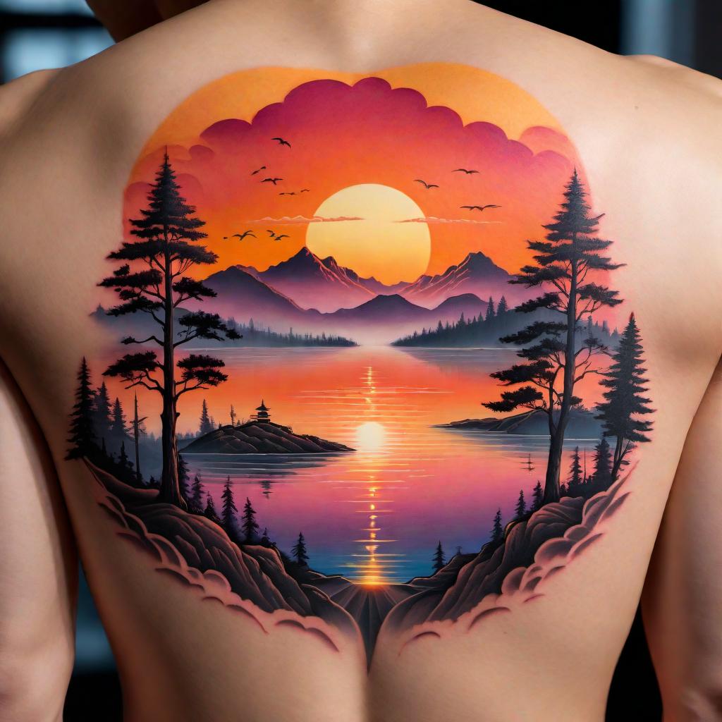  tattoo design for the back featuring a dramatic sunset scene without any water. The design should include a vibrant gradient sky with shades of orange, pink, and purple as the sun sets. Include silhouettes of natural elements such as trees and mountains. Make the composition continuous and flowing to fit the curvature of the back, creating a serene and breathtaking scene that captures the essence of a sunset. hyperrealistic, full body, detailed clothing, highly detailed, cinematic lighting, stunningly beautiful, intricate, sharp focus, f/1. 8, 85mm, (centered image composition), (professionally color graded), ((bright soft diffused light)), volumetric fog, trending on instagram, trending on tumblr, HDR 4K, 8K