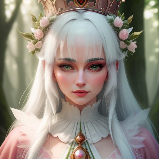  The queen of the forest with white hair is wearing a tender green and tender pink outfit with a crown. hyperrealistic, full body, detailed clothing, highly detailed, cinematic lighting, stunningly beautiful, intricate, sharp focus, f/1. 8, 85mm, (centered image composition), (professionally color graded), ((bright soft diffused light)), volumetric fog, trending on instagram, trending on tumblr, HDR 4K, 8K