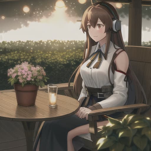  a sitting at a table with headphones on, long hair, , brown hair, brown eyes, flower, outdoors, night, chair, plant, potted plant, akagi (kancolle) hyperrealistic, full body, detailed clothing, highly detailed, cinematic lighting, stunningly beautiful, intricate, sharp focus, f/1. 8, 85mm, (centered image composition), (professionally color graded), ((bright soft diffused light)), volumetric fog, trending on instagram, trending on tumblr, HDR 4K, 8K