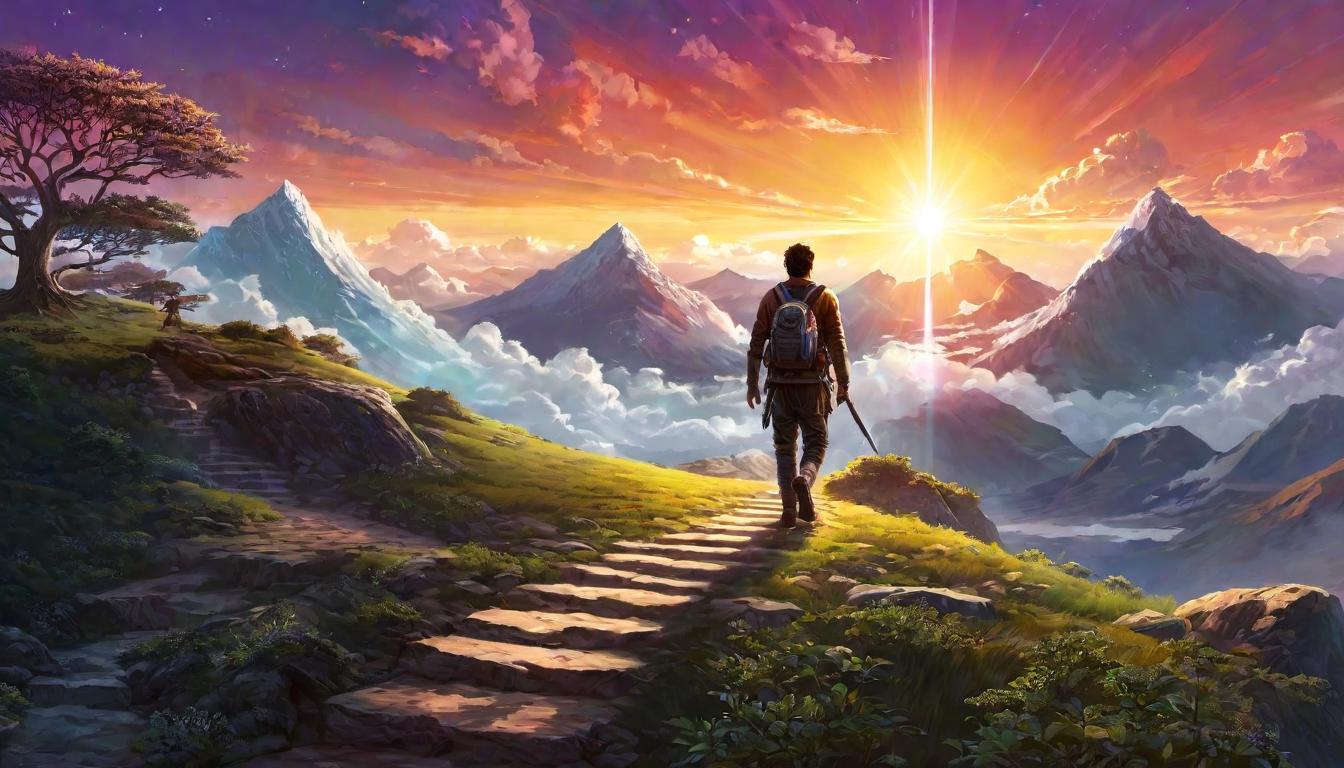  digital illustration shimmering path of light, human progress, ascending towards a glowing horizon, sense of achievement, awareness, evolution looking at viewer, dynamic pose, (intricate details, masterpiece, best quality)