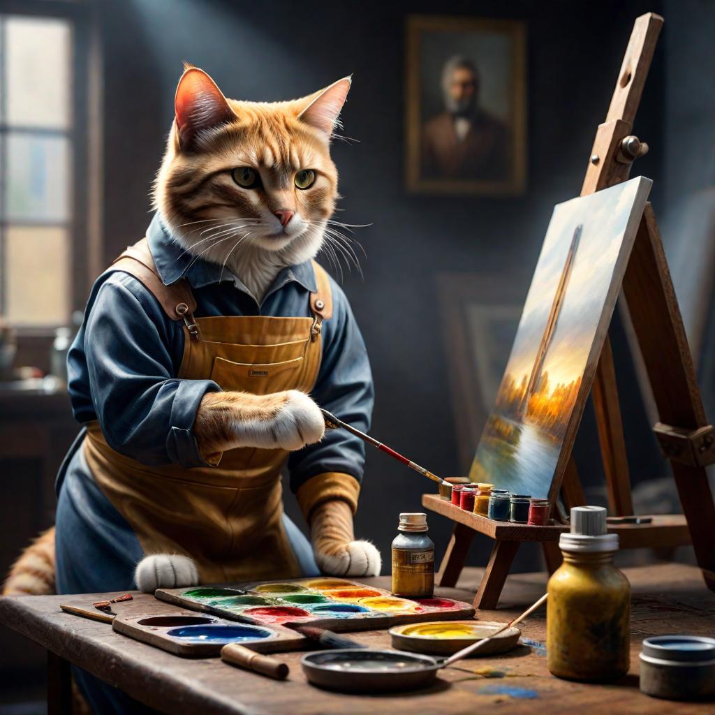  A painter cat is painting. hyperrealistic, full body, detailed clothing, highly detailed, cinematic lighting, stunningly beautiful, intricate, sharp focus, f/1. 8, 85mm, (centered image composition), (professionally color graded), ((bright soft diffused light)), volumetric fog, trending on instagram, trending on tumblr, HDR 4K, 8K