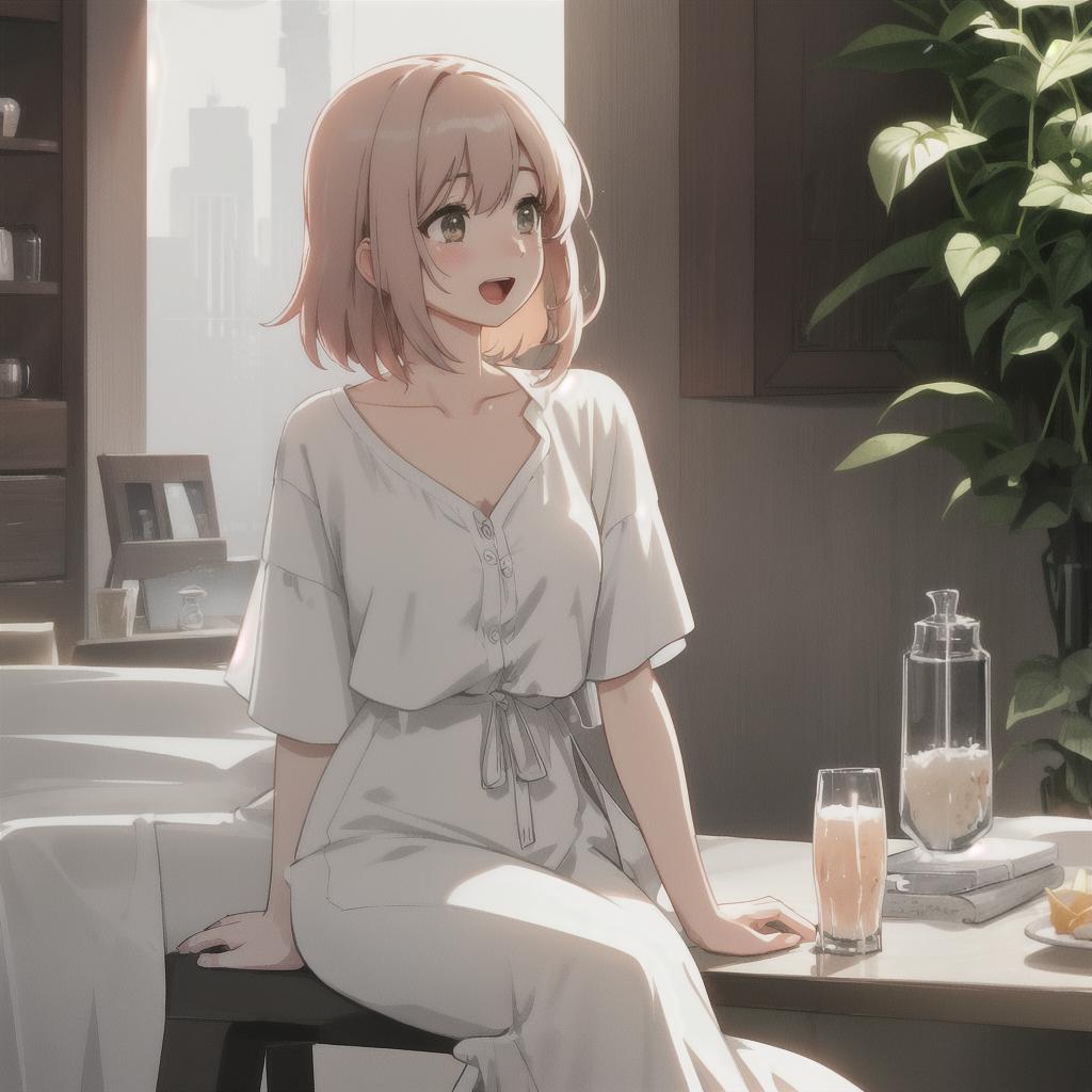  beautiful illustration, best quality, cute girl, a girl, restaurant, sitting, parfait, drinking, happy, open mouth, casual clothes, white shirt, collarbone, medium hair, blown hair hyperrealistic, full body, detailed clothing, highly detailed, cinematic lighting, stunningly beautiful, intricate, sharp focus, f/1. 8, 85mm, (centered image composition), (professionally color graded), ((bright soft diffused light)), volumetric fog, trending on instagram, trending on tumblr, HDR 4K, 8K