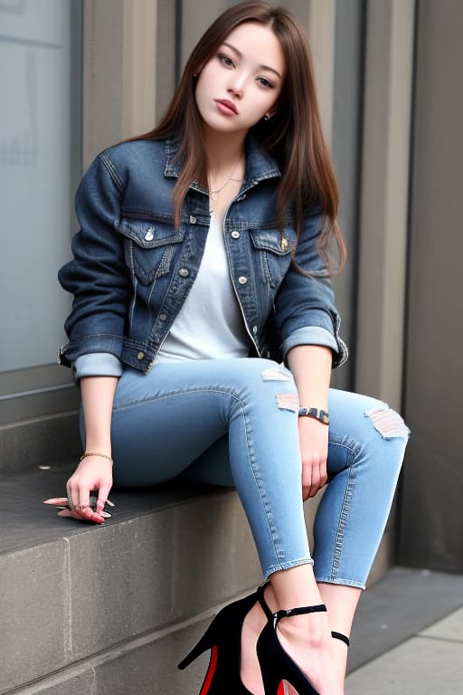   with gles, sitting and wearing a denim jacket, black tight , and high heels