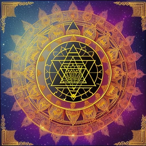  Sri yantra barely visible with gold and silver background with sparkles with rising phoenix