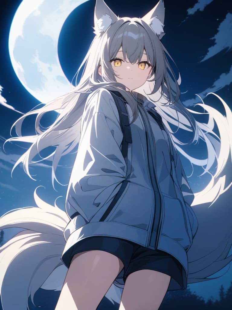  Wolf,wolf girl,wolf ears,beautiful,beautiful girl,gray hair,cute,long hair,stretched hair,moonlight,night,moonlit night,cool,yellow eyes,wolf tail,shorts,cool clothes、ultra detailed,best shadow,cute and beautiful face,(masterpiece:1.2),(best quality:1.2),detailed background,high contrast,(best illumination,an extremely delicate and beautiful),((cinematic light)),hyper detail,dramatic light,intricate details,8k,anime,very aesthetic、Moon,full moon, masterpiece, best quality,8k,ultra detailed,high resolution,an extremely delicate and beautiful,hyper detail