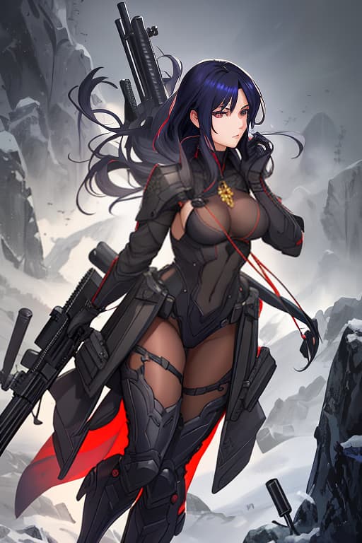  A beautiful girl, a mercenary, wearing a black suit, holding a large caliber sniper rifle in her hands, with a red amulet on her neck., Manga big eyes expressive faces colorful hair Hayao Miyazaki Masashi Kishimoto Makoto Shinkai CLAMP Yoshiyuki Sadamoto hyperrealistic, full body, detailed clothing, highly detailed, cinematic lighting, stunningly beautiful, intricate, sharp focus, f/1. 8, 85mm, (centered image composition), (professionally color graded), ((bright soft diffused light)), volumetric fog, trending on instagram, trending on tumblr, HDR 4K, 8K