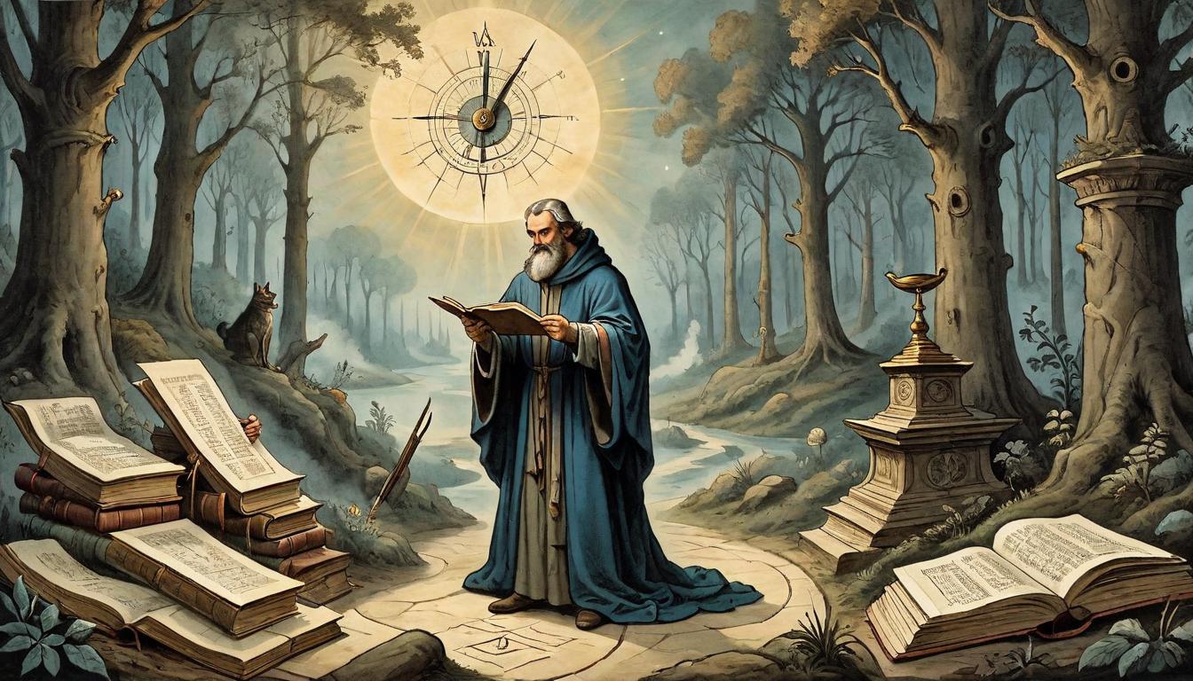  on parchment, surrealism+++, Determined figure with focused gaze, inspecting a sundial, figure in simple, flowing robes, scenery includes organized piles of scrolls and books, light beams piercing through a dark forest, atmosphere of clarity, priority setting(mysterious, provocative, symbolic,muted color)+++