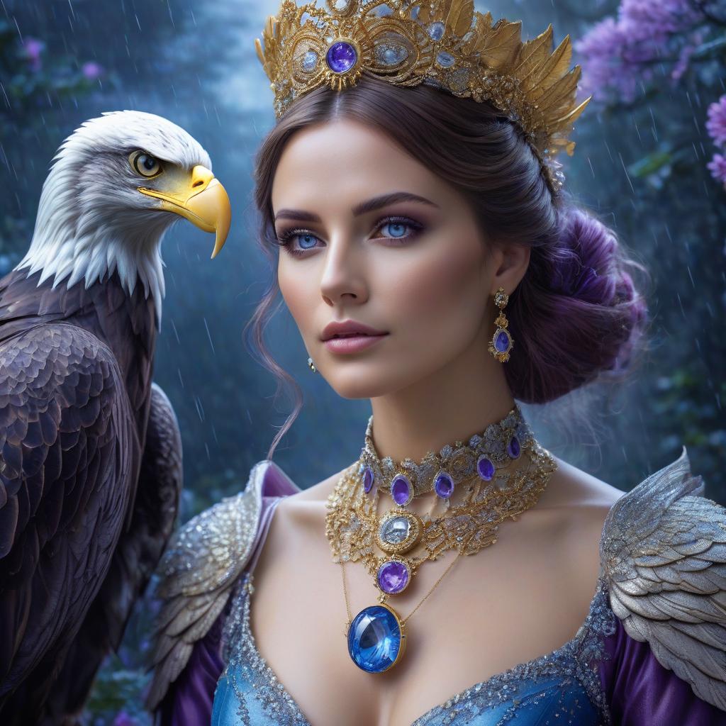  Fairy tale blue eyed eagle. Neuschwanstein. The girl in the gold dress. A very pretty girl. Garden of Eden. Rain. Flying saucer. Space, fantasy. Purple, blue, silver colors. Moon. Amethyst in the shape of a star, necklace around the neck of a girl. hyperrealistic, full body, detailed clothing, highly detailed, cinematic lighting, stunningly beautiful, intricate, sharp focus, f/1. 8, 85mm, (centered image composition), (professionally color graded), ((bright soft diffused light)), volumetric fog, trending on instagram, trending on tumblr, HDR 4K, 8K