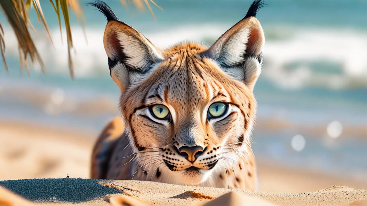  best quality, HD, Beach summer panoramic background with big eye cute Lynx on the sand