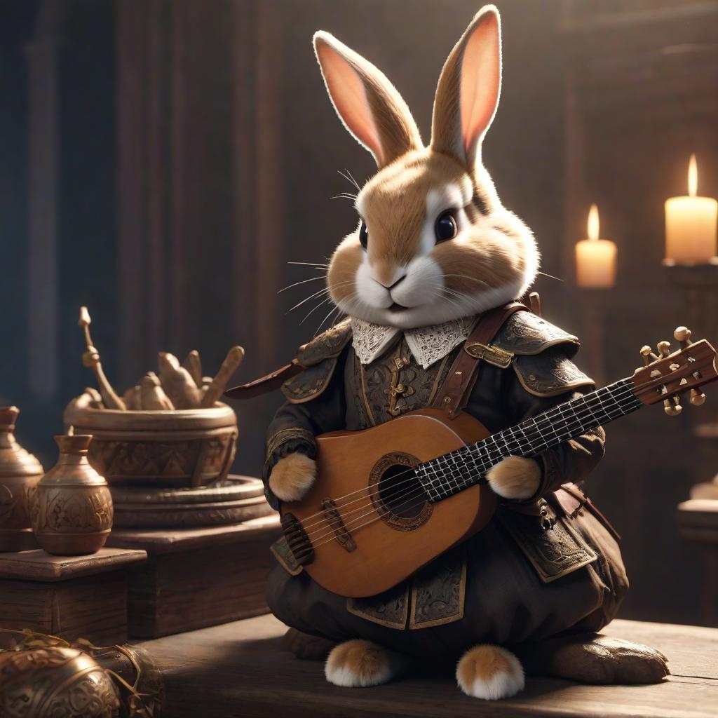  Brown and Black Bard Rabbit with a Lute from Fantasy hyperrealistic, full body, detailed clothing, highly detailed, cinematic lighting, stunningly beautiful, intricate, sharp focus, f/1. 8, 85mm, (centered image composition), (professionally color graded), ((bright soft diffused light)), volumetric fog, trending on instagram, trending on tumblr, HDR 4K, 8K