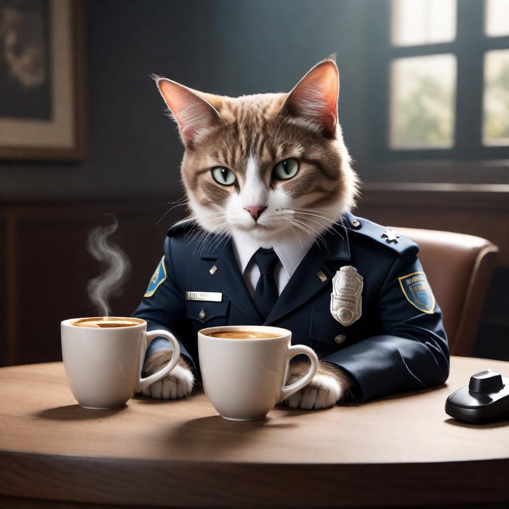  A meme with a very human-like cat dressed in a police uniform, sitting at a table. The cat is holding a handgun and a coffee mug. There’s a caption at the top that says "I HAVEN'T HAD MY COFFEE YET" and at the bottom "DON'T PURRR-SUE ME". The scene plays on the phrase "don't pursue me" with a humorous twist, replacing "pursue" with "purr-sue," referencing the sound that cats make. The cat looks irritated. hyperrealistic, full body, detailed clothing, highly detailed, cinematic lighting, stunningly beautiful, intricate, sharp focus, f/1. 8, 85mm, (centered image composition), (professionally color graded), ((bright soft diffused light)), volumetric fog, trending on instagram, trending on tumblr, HDR 4K, 8K