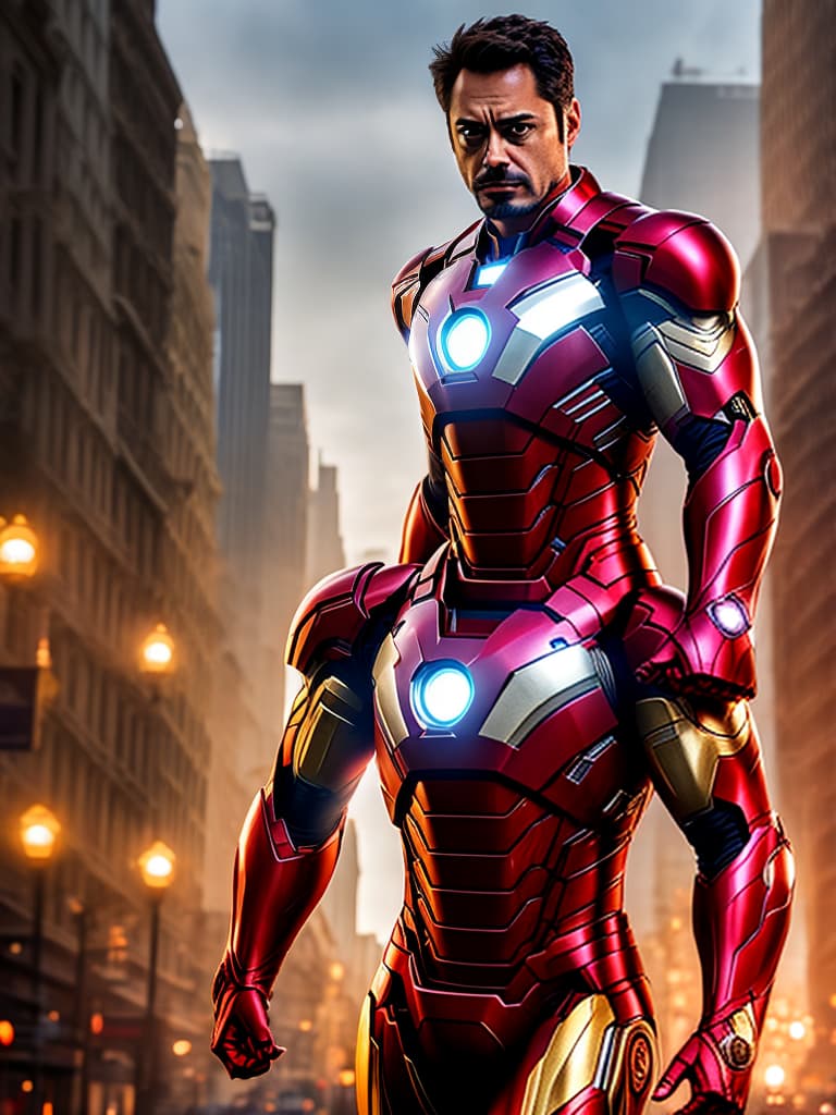  ironman tony stark in cinematic poster hyperrealistic, full body, detailed clothing, highly detailed, cinematic lighting, stunningly beautiful, intricate, sharp focus, f/1. 8, 85mm, (centered image composition), (professionally color graded), ((bright soft diffused light)), volumetric fog, trending on instagram, trending on tumblr, HDR 4K, 8K