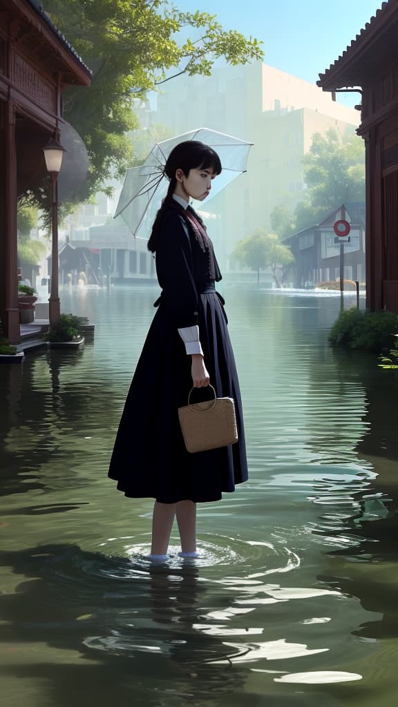  masterpiece, best quality, "A person standing under an umbrella, looking annoyed, flooded street. Imagine a world without rain, clear sky without clouds."