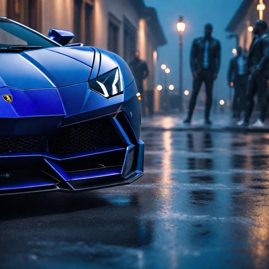  Blue Lamborghini hyperrealistic, full body, detailed clothing, highly detailed, cinematic lighting, stunningly beautiful, intricate, sharp focus, f/1. 8, 85mm, (centered image composition), (professionally color graded), ((bright soft diffused light)), volumetric fog, trending on instagram, trending on tumblr, HDR 4K, 8K