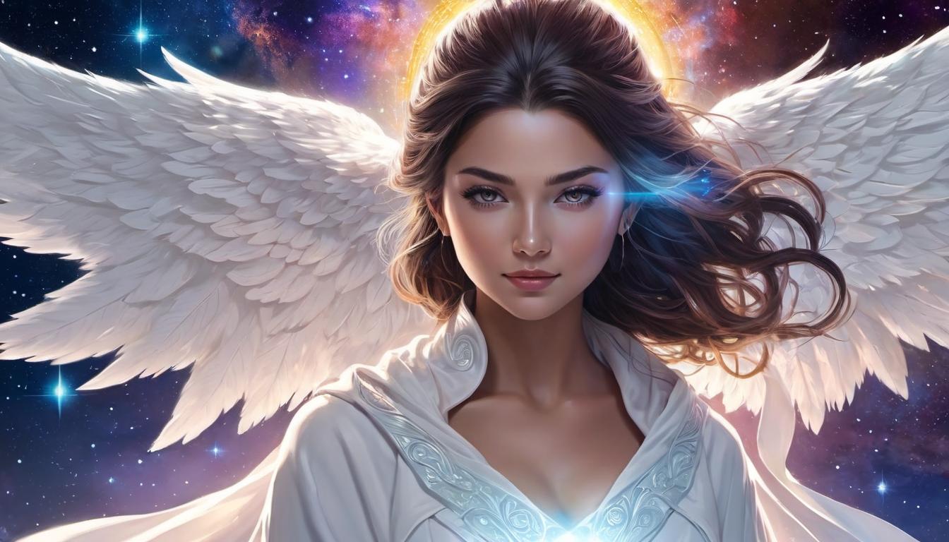  digital illustration A radiant female guardian, glowing with light, robed in white, serene expression, backdrop of swirling galaxies, protective and celestial looking at viewer, dynamic pose, (intricate details, masterpiece, best quality)