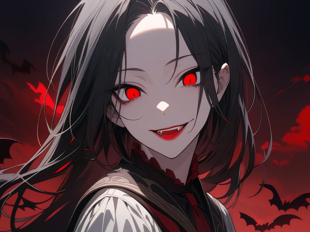  ((Long black hair,parted bangs,forehead,black eyes,long eyes,thin eyes,hanging eyes,double teeth,dark circles,blood,bright red lips,invincible smile,vampires,bats)),(Vampire mant,night sky,moonlight,red moon,red rose),, masterpiece, best quality,8k,ultra detailed,high resolution,an extremely delicate and beautiful,hyper detail