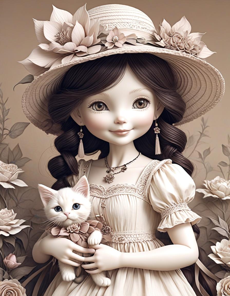  by (Wendy Froud). coloring style, black and white illustration, line art. {smiling TILDA style doll holding (((toy plush kitten))) in Teddy bear style. The hair is wavy, on the head is a straw hat decorated with large flowers and ribbons on which a small bird sits. Dressed in a light summer sundress with ruffles and lace, rose flowers in the background}, good detailing, central location, zentangle. well drawn details. beautiful flowers, Nancy Noel hyperrealistic, full body, detailed clothing, highly detailed, cinematic lighting, stunningly beautiful, intricate, sharp focus, f/1. 8, 85mm, (centered image composition), (professionally color graded), ((bright soft diffused light)), volumetric fog, trending on instagram, trending on tumblr, HDR 4K, 8K