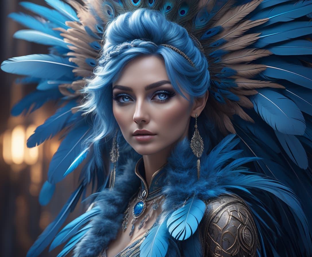  "This is a portrait of a person with feathers for hair. Their eyes are a profound, mesmerizing blue. The feathers rustle and shift with their emotions." hyperrealistic, full body, detailed clothing, highly detailed, cinematic lighting, stunningly beautiful, intricate, sharp focus, f/1. 8, 85mm, (centered image composition), (professionally color graded), ((bright soft diffused light)), volumetric fog, trending on instagram, trending on tumblr, HDR 4K, 8K