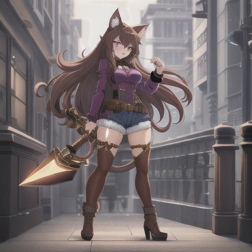  Cat girl, purple eyes, brown hair, fluffy tail, in a jean outfit, narcotics, with weapons hyperrealistic, full body, detailed clothing, highly detailed, cinematic lighting, stunningly beautiful, intricate, sharp focus, f/1. 8, 85mm, (centered image composition), (professionally color graded), ((bright soft diffused light)), volumetric fog, trending on instagram, trending on tumblr, HDR 4K, 8K