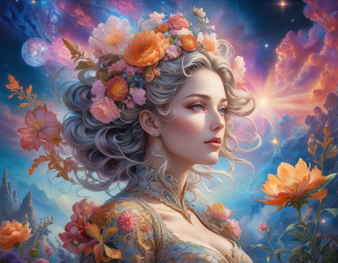  A digital artwork of a woman with flowers in her hair against a vibrant cosmic background with stars and nebulas. 1 stunningly beautiful young woman as the central figure, set against a mesmerizing multicolor galaxy cloud backdrop. The woman exudes a sense of wonder and grace, reminiscent of Josephine Wall's distinctive style. Her face is a flawless blend of mechanical precision and extraordinary beauty, with android like features intertwined with delicate flower elements. The overall composition is hyper detailed, drawing inspiration from the works of Ernst Haeckel and James Jean. The image is a masterpiece of generative art, incorporating elements of baroque aesthetics, intricate patterns, and fractalism. It captures a cinematic essence,  hyperrealistic, full body, detailed clothing, highly detailed, cinematic lighting, stunningly beautiful, intricate, sharp focus, f/1. 8, 85mm, (centered image composition), (professionally color graded), ((bright soft diffused light)), volumetric fog, trending on instagram, trending on tumblr, HDR 4K, 8K