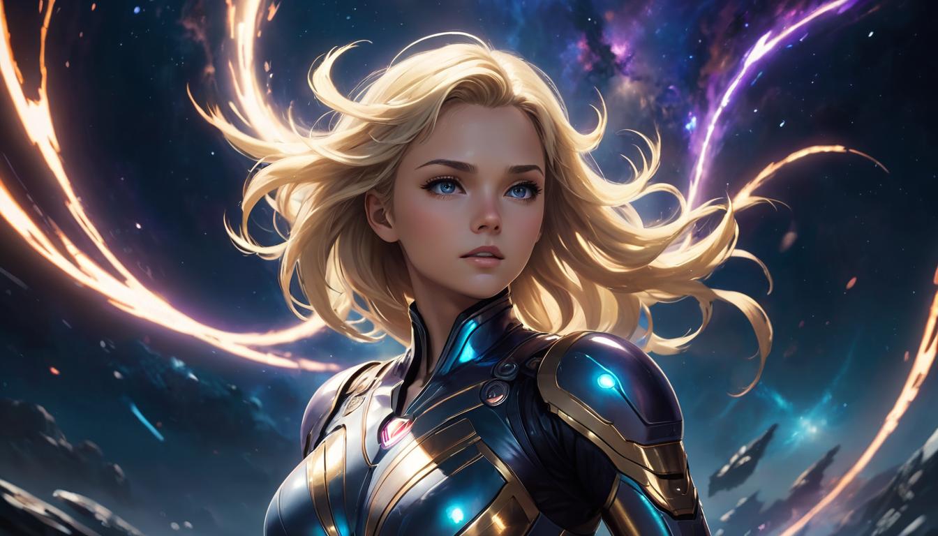  1girl, large busted attractive blonde arian female humanoid, cosmic winds swirling around her, radiant galactic symbols, empowered stance, high tech clothing clad in sleek, futuristic costume with metallic accents and form fitting designs, marvel superhero comics style, unreal engine rendering