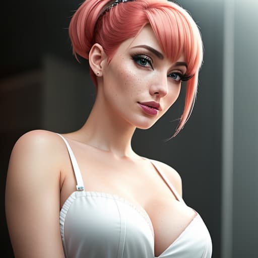  a closeup portrait of a playful maid, undercut hair, apron, amazing body and boobs, pronounced feminine feature, busty, kitchen, [ash blonde | ginger | pink hair], freckles, flirting with camera hyperrealistic, full body, detailed clothing, highly detailed, cinematic lighting, stunningly beautiful, intricate, sharp focus, f/1. 8, 85mm, (centered image composition), (professionally color graded), ((bright soft diffused light)), volumetric fog, trending on instagram, trending on tumblr, HDR 4K, 8K