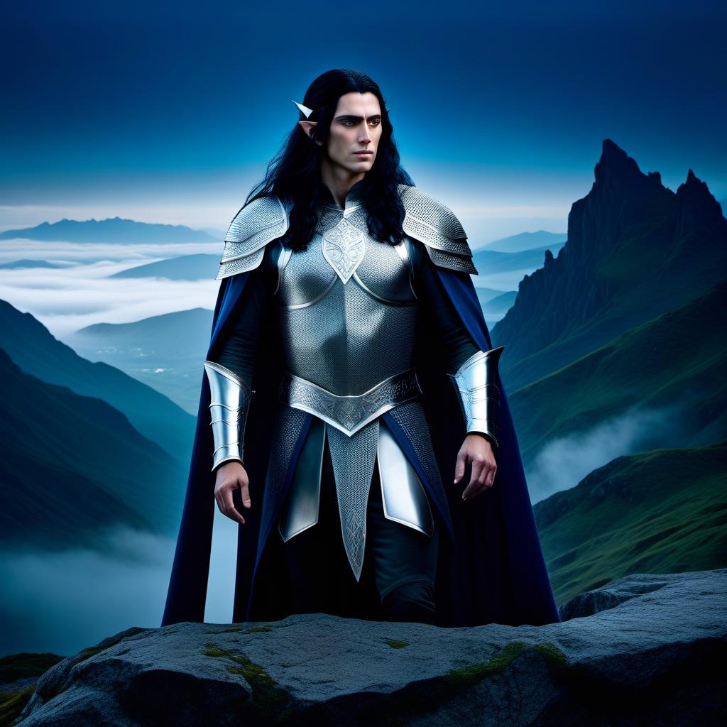  A beautiful, manly, warlike young elf man with long black hair, gray eyes, a narrow face, and a scar on his face, stands in full height against a backdrop of blue misty mountains, dressed in silver chainmail armor, a blue cloak, and a crown. hyperrealistic, full body, detailed clothing, highly detailed, cinematic lighting, stunningly beautiful, intricate, sharp focus, f/1. 8, 85mm, (centered image composition), (professionally color graded), ((bright soft diffused light)), volumetric fog, trending on instagram, trending on tumblr, HDR 4K, 8K