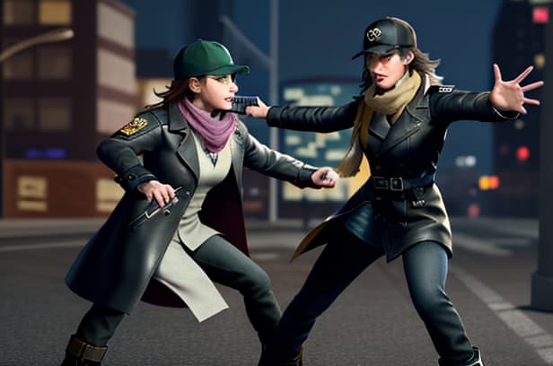  masterpiece, best quality, best quality, Female, genderswap, night, trench coat, boots, baseball hat, detective, Aiden Pearce, Watch dogs, scarf, holding nightstick, fighting.