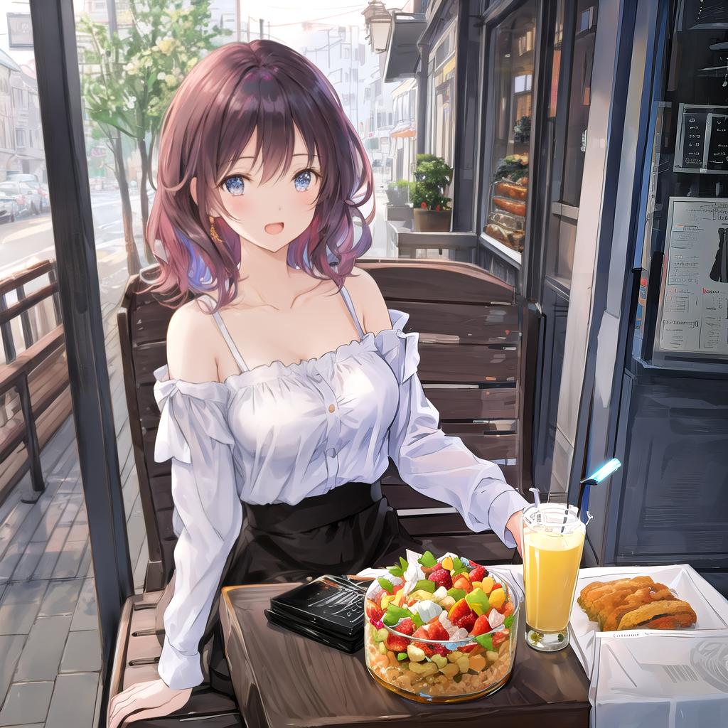  beautiful illustration, best quality, cute girl, a girl, restaurant, sitting, parfait, drinking, happy, open mouth, casual clothes, white shirt, collarbone, medium hair, blown hair hyperrealistic, full body, detailed clothing, highly detailed, cinematic lighting, stunningly beautiful, intricate, sharp focus, f/1. 8, 85mm, (centered image composition), (professionally color graded), ((bright soft diffused light)), volumetric fog, trending on instagram, trending on tumblr, HDR 4K, 8K