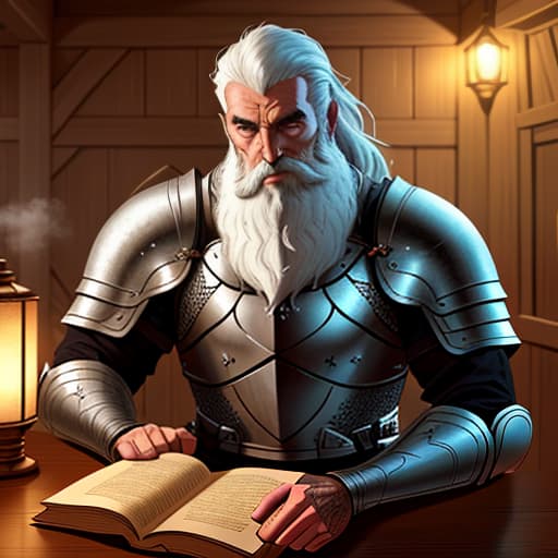  A bearded knight is reading a book in a tavern. hyperrealistic, full body, detailed clothing, highly detailed, cinematic lighting, stunningly beautiful, intricate, sharp focus, f/1. 8, 85mm, (centered image composition), (professionally color graded), ((bright soft diffused light)), volumetric fog, trending on instagram, trending on tumblr, HDR 4K, 8K