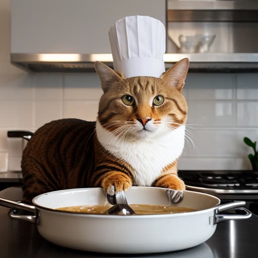  Cartoon cat pretending to be a chef. Dressed in a chef's uniform. The cat has a chef's hat on its head. The cat holds a large spoon in its front paws. There is a pot of soup on the stove next to the cat. On a uniform yellow background., Photorealistic, Hyperrealistic, Hyperdetailed, analog style, demure, detailed skin, pores, smirk, smiling eyes, matte skin, soft lighting, subsurface scattering, realistic, heavy shadow, masterpiece, best quality, ultra realistic, 8k, golden ratio, Intricate, High Detail, film photography, soft focus hyperrealistic, full body, detailed clothing, highly detailed, cinematic lighting, stunningly beautiful, intricate, sharp focus, f/1. 8, 85mm, (centered image composition), (professionally color graded), ((bright soft diffused light)), volumetric fog, trending on instagram, trending on tumblr, HDR 4K, 8K