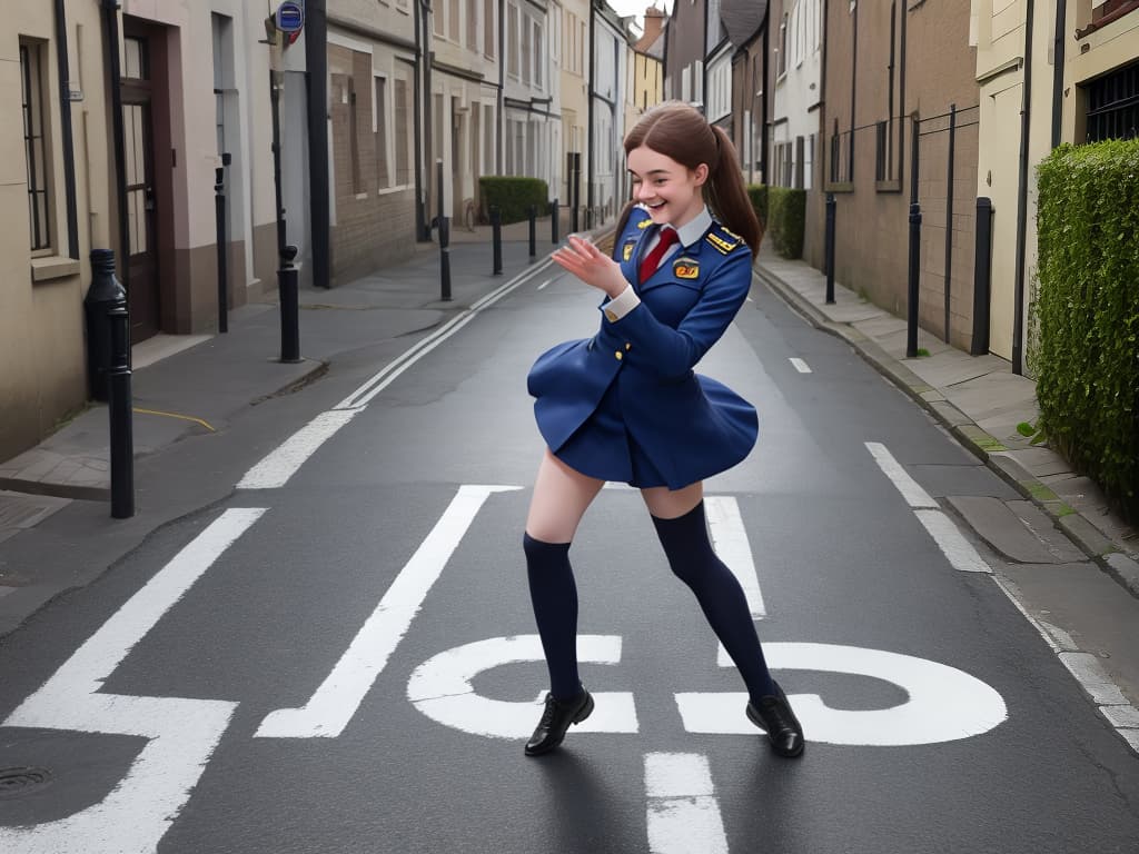  masterpiece, best quality, young british girl playing hopscotch in the street in uniform full body