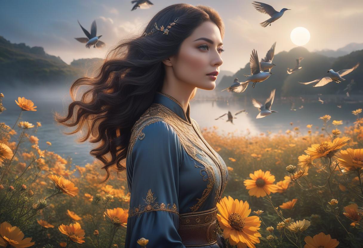  "woman holding the cosmos in her hands, calm, her hair fluttering full of birds, in the background is the universe full of birds, flowers and boats in Surreal artisanal hallucinations made entirely of Sun and Moon, highly detailed, fairytale, Dee Nickerson, elegant, sharp focus, 8 k, octane render" hyperrealistic, full body, detailed clothing, highly detailed, cinematic lighting, stunningly beautiful, intricate, sharp focus, f/1. 8, 85mm, (centered image composition), (professionally color graded), ((bright soft diffused light)), volumetric fog, trending on instagram, trending on tumblr, HDR 4K, 8K