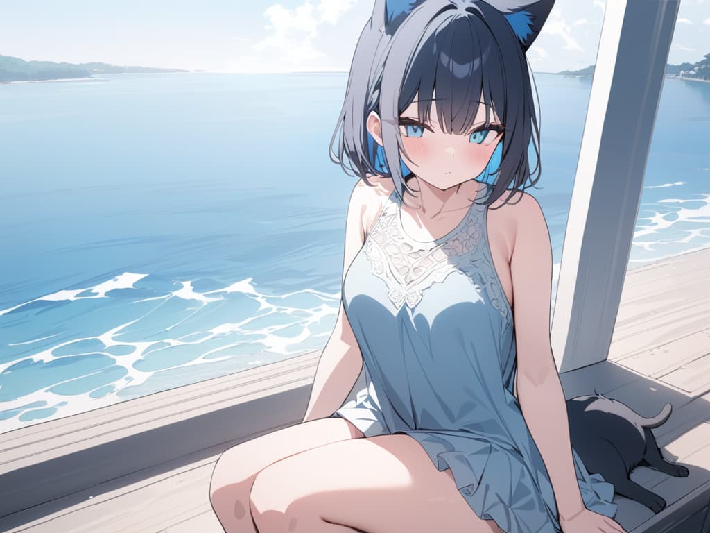  Short hair, light blue mesh, , cat ears, jit eyes, light blue eyes, , dark blue hair, light blue inner color, , sea, summer, masterpiece, best quality,8k,ultra detailed,high resolution,an extremely delicate and beautiful,hyper detail