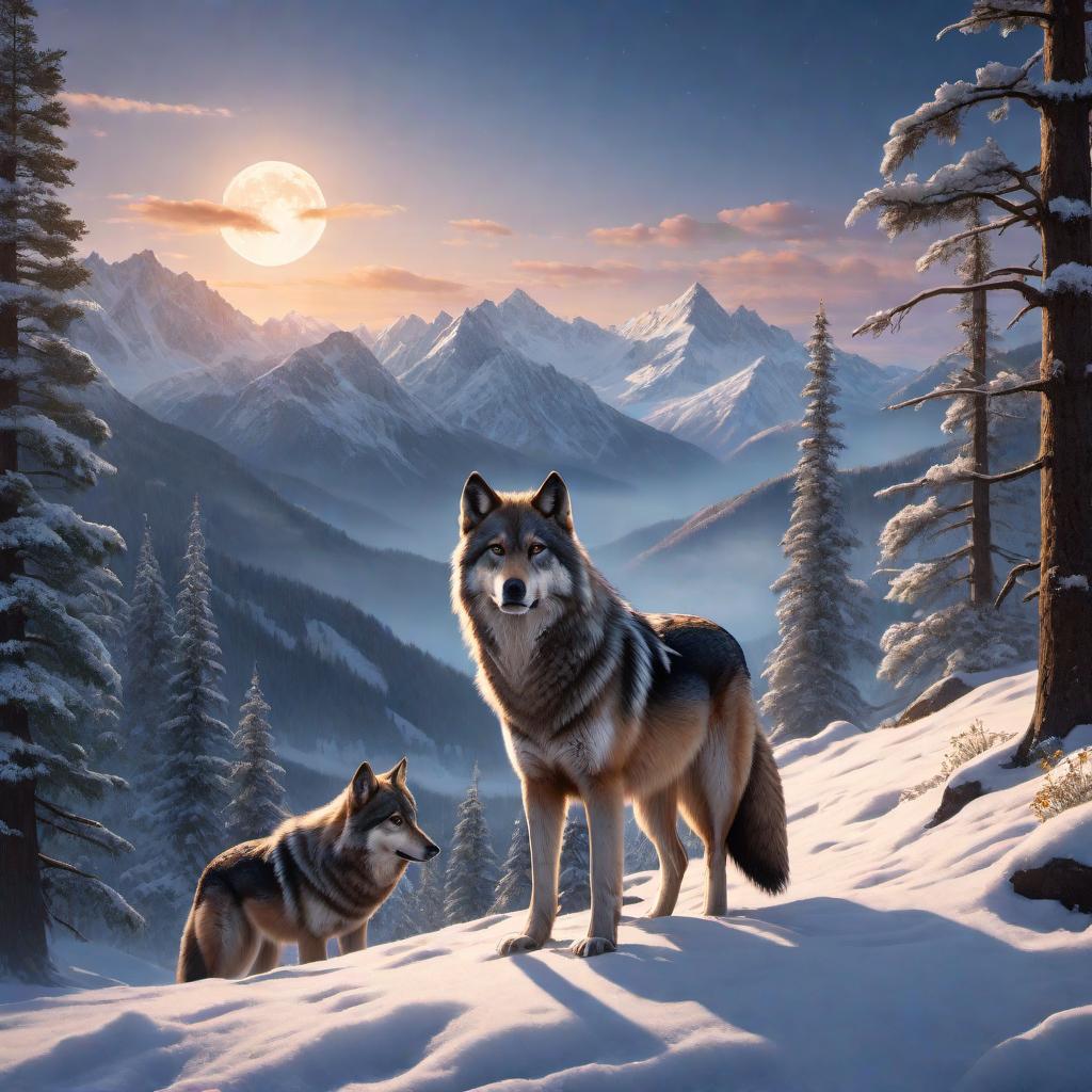  A detailed illustration of a wolfpack in various scenes: 1. A snowy forest during twilight, the wolfpack huddled together in the cold, their breath visible in the frosty air. 2. A moonlit night with the wolfpack howling at the full moon from the top of a rocky cliff, the landscape below them dimly lit. 3. A mountain landscape at dawn, the wolfpack standing majestically against the backdrop of snow-capped peaks and a rising sun. Additional settings to include: - Snow lightly falling in the snowy forest. - A clear, star-filled sky in the moonlit night scene. - Wildflowers and greenery in the mountain landscape scene, with the first light of the day casting a warm glow. hyperrealistic, full body, detailed clothing, highly detailed, cinematic lighting, stunningly beautiful, intricate, sharp focus, f/1. 8, 85mm, (centered image composition), (professionally color graded), ((bright soft diffused light)), volumetric fog, trending on instagram, trending on tumblr, HDR 4K, 8K