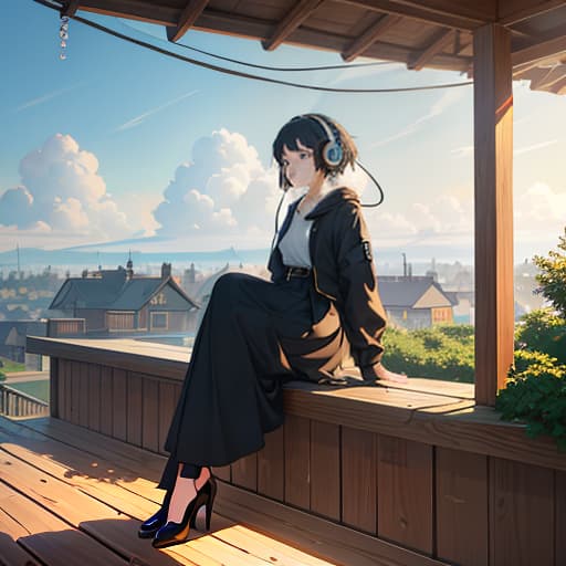  girl on the roof, portrait, headphones on her head, clouds, rain, evening, black jacket, (studio ghibli style, Hayao Miyazaki drawing: 1.2), Anime style, manga style, Hand drawn, hyperrealistic, full body, detailed clothing, highly detailed, cinematic lighting, stunningly beautiful, intricate, sharp focus, f/1. 8, 85mm, (centered image composition), (professionally color graded), ((bright soft diffused light)), volumetric fog, trending on instagram, trending on tumblr, HDR 4K, 8K