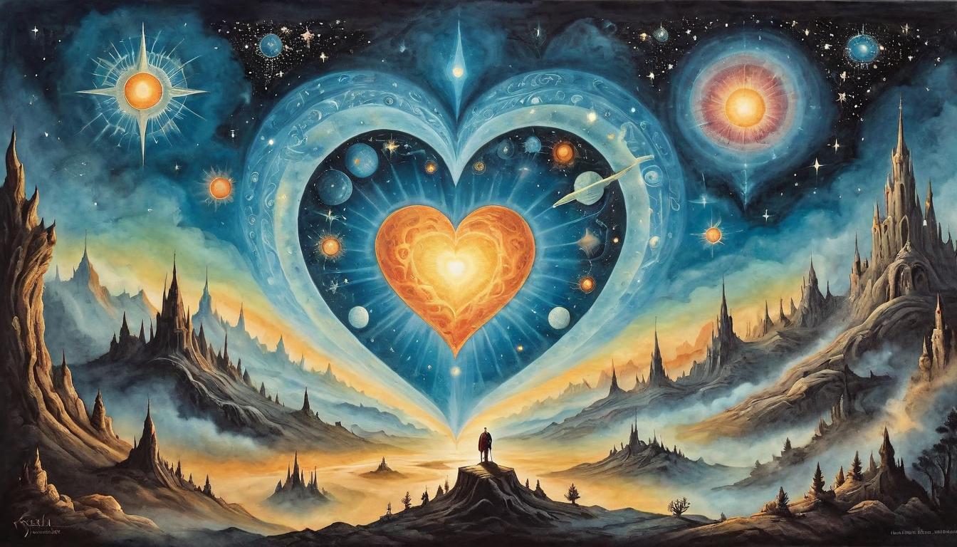  on parchment, surrealism+++, A glowing heart set against a cosmic backdrop, radiates warm light, celestial auras enveloping, symbol of intuition and truth(mysterious, provocative, symbolic,muted color)+++