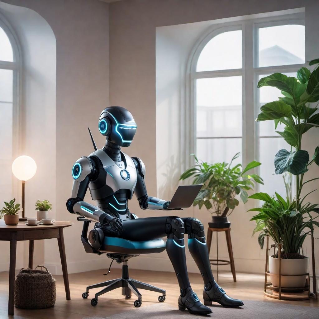  A friendly AI assistant asking what kind of image the user would like to be generated. The scene includes a cozy, well-lit room with modern decor. A computer screen displays a chatbot interacting with the user. There's a comfortable chair and a small table next to the computer, with a plant and a cup of coffee on it. The overall atmosphere is inviting and creative. hyperrealistic, full body, detailed clothing, highly detailed, cinematic lighting, stunningly beautiful, intricate, sharp focus, f/1. 8, 85mm, (centered image composition), (professionally color graded), ((bright soft diffused light)), volumetric fog, trending on instagram, trending on tumblr, HDR 4K, 8K