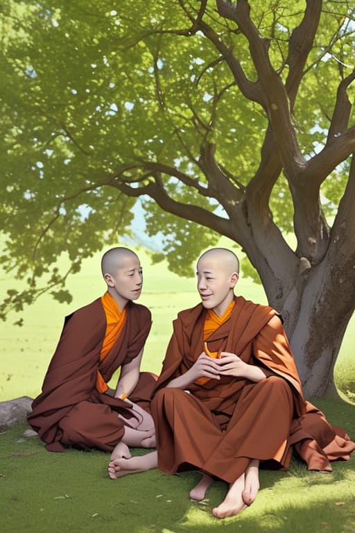  Monks sitting under tree and talking