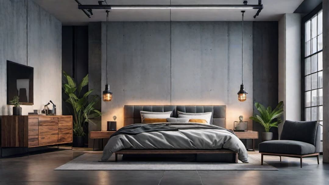  Create an image of an Industrial Bedroom Design. The central feature is a robust Industrial Bed Frame with a matching Industrial Headboard. Include exposed brick walls, hardwood floors, and a mix of metal and wood furnishings. Incorporate minimalist decor and functional yet stylish lighting fixtures to enhance the urban and modern vibe. The overall look should be rugged yet sophisticated, embodying Industrial Chic. hyperrealistic, full body, detailed clothing, highly detailed, cinematic lighting, stunningly beautiful, intricate, sharp focus, f/1. 8, 85mm, (centered image composition), (professionally color graded), ((bright soft diffused light)), volumetric fog, trending on instagram, trending on tumblr, HDR 4K, 8K