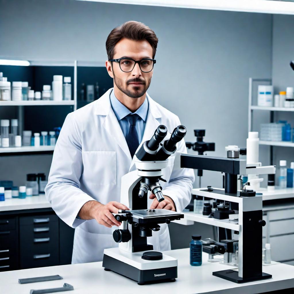  A close-up view of a professional laboratory setup where a scientist or specialist is examining samples under a microscope. The laboratory is well-equipped with various instruments and tools. The image should show a sample slide on the microscope, with the scientist observing carefully, indicating the process of identifying parasites or other microscopic organisms. The atmosphere should be clean, well-lit, and convey a sense of precision and expertise. hyperrealistic, full body, detailed clothing, highly detailed, cinematic lighting, stunningly beautiful, intricate, sharp focus, f/1. 8, 85mm, (centered image composition), (professionally color graded), ((bright soft diffused light)), volumetric fog, trending on instagram, trending on tumblr, HDR 4K, 8K