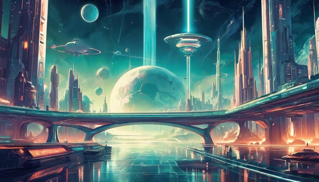  retro futuristic symbolic bridge, connecting earth and stars, ethereal glow, sense of connection lvintage sci fi, 50s and 60s style, atomic age, vibrant, highly detailed