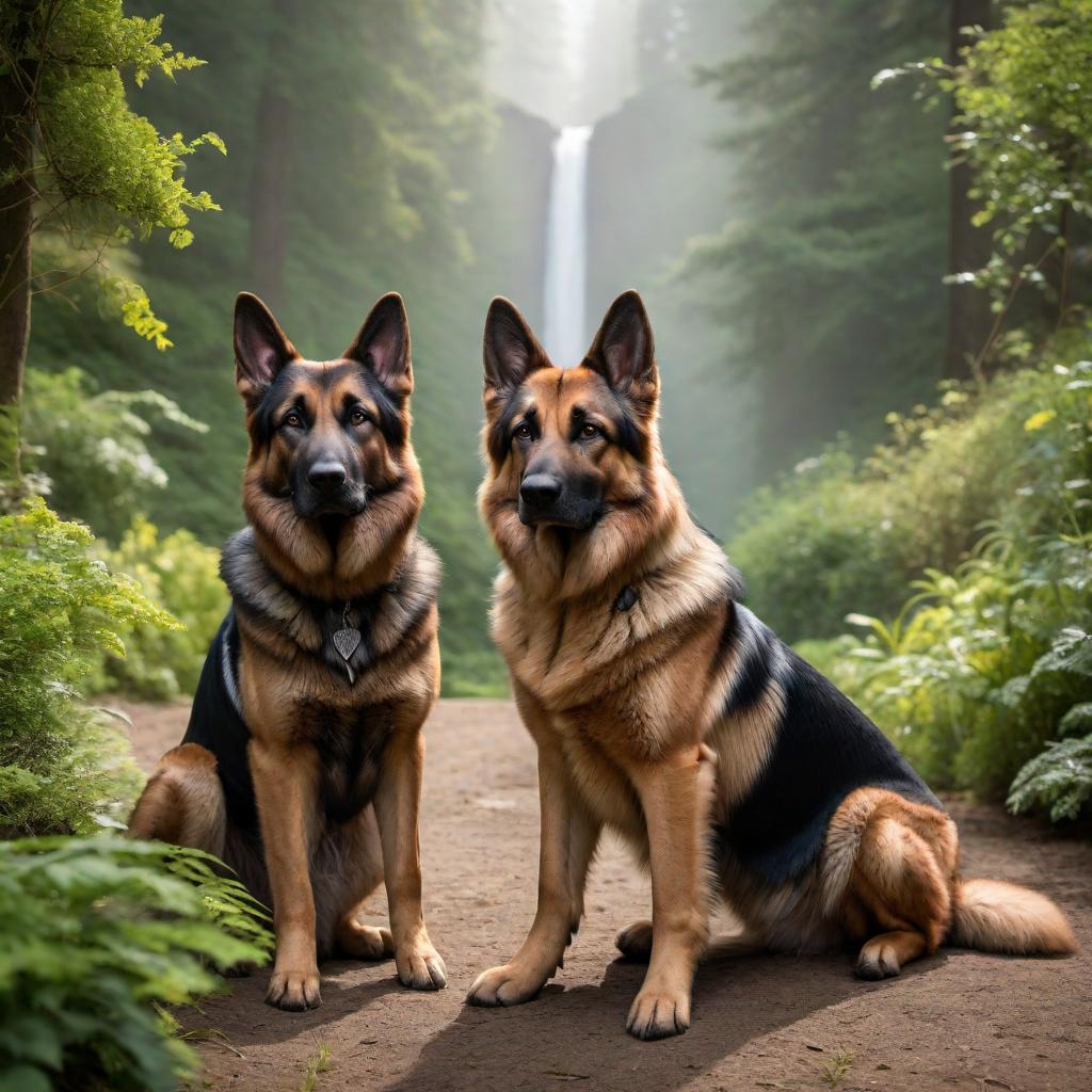  A heartwarming scene featuring Jerry Lee and Raven, two beautiful German Shepherds, as they embark on a journey of potentially creating a new litter of puppies. Jerry Lee and Raven are shown together in a bright, loving environment. Display their noble charm and loving nature. Include elements that imply the anticipation of new puppies, such as a cozy area or a hyperrealistic, full body, detailed clothing, highly detailed, cinematic lighting, stunningly beautiful, intricate, sharp focus, f/1. 8, 85mm, (centered image composition), (professionally color graded), ((bright soft diffused light)), volumetric fog, trending on instagram, trending on tumblr, HDR 4K, 8K