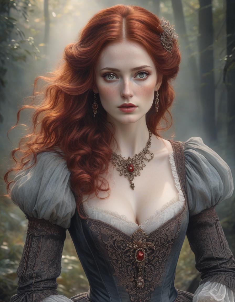  gothic style Very beautiful brown red hair woman with freckles and an intense brown eyed gaze, watercolor pastel, style 1880 . dark, mysterious, haunting, dramatic, ornate, detailed hyperrealistic, full body, detailed clothing, highly detailed, cinematic lighting, stunningly beautiful, intricate, sharp focus, f/1. 8, 85mm, (centered image composition), (professionally color graded), ((bright soft diffused light)), volumetric fog, trending on instagram, trending on tumblr, HDR 4K, 8K