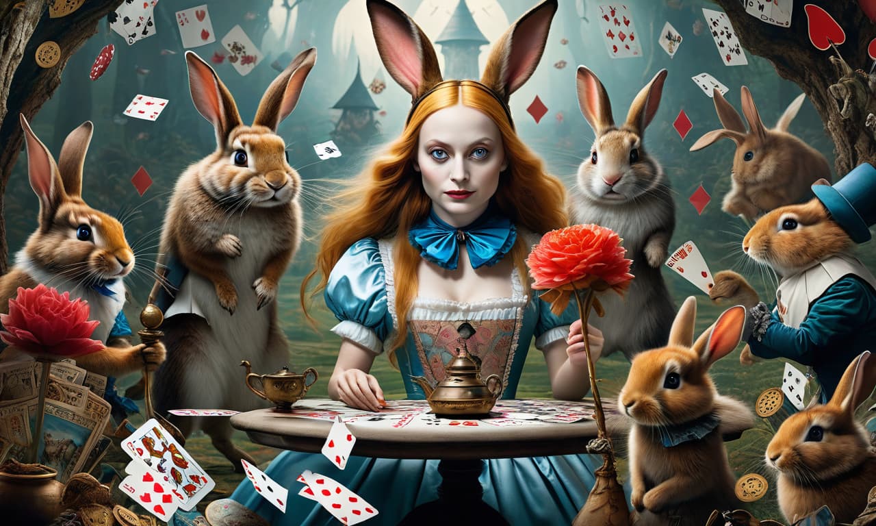  alice in wonderland created by hieronymus bosch. close up of the main character Alice, perfectly centered. around her we can see weird creatures, playing cards, hast, rabbit ears and all different stuff characteristic of Bosch's fantastic style. High detail. Intricate surrealist background. sharp shapes. soft colors. hyperrealistic, full body, detailed clothing, highly detailed, cinematic lighting, stunningly beautiful, intricate, sharp focus, f/1. 8, 85mm, (centered image composition), (professionally color graded), ((bright soft diffused light)), volumetric fog, trending on instagram, trending on tumblr, HDR 4K, 8K